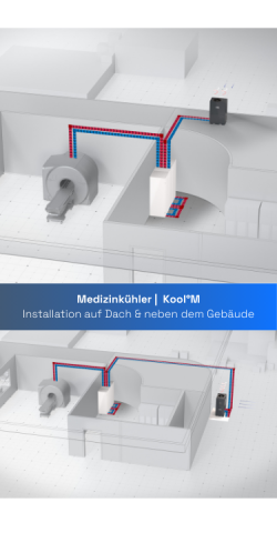 Medizinkühler Kool°M in der Darstellung als Dachinstallation und nebenstehend neben dem Krankenhaus