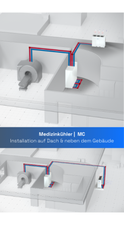 MC-Medizinkühler in der Darstellung als Dachinstallation und nebenstehend neben dem Krankenhaus