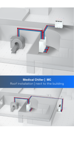 MC medical chiller shown as a roof installation and next to the hospital